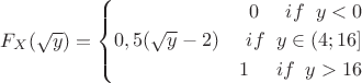 $F_X(\sqrt{y})=\left\{\!\begin{aligned} 0\;\;\;\;\;if\;\;y <0\\ 0,5(\sqrt{y}-2)\;\;\;\;\;if\;\;y\in(4;16]  \\ 1 \;\;\;\;\;if\;\;y>16  \end{aligned}\right.$