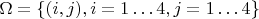 $\Omega = \{(i, j), i=1 \ldots 4, j=1\ldots 4 \}$