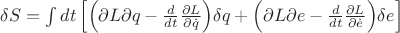 $\delta S=\int dt \left[\Bigl(\partial L}{\partial q}-\frac{d}{dt}\frac{\partial L}{\partial\dot{q}}\Bigr)\delta q+\Bigl(\partial L}{\partial e}-\frac{d}{dt}\frac{\partial L}{\partial\dot{e}}\Bigr)\delta e\right]$