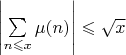 $\left|\sum\limits_{n\leqslant x}\mu(n)\right|\leqslant \sqrt{x}$