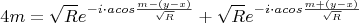 $$4m=\sqrt{R}e^{-i\cdot acos{\frac{m-(y-x)}{\sqrt{R}}}}+\sqrt{R}e^{-i\cdot acos{\frac{m+(y-x)}{\sqrt{R}}}}$$