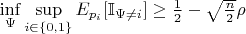 $\inf\limits_{\Psi} \sup\limits_{i \in \{0,1\}}E_{p_{i}}[\mathbb{I}_{\Psi \neq i}] \geq \frac{1}{2}-\sqrt{\frac{n}{2}} \rho$