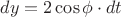 $dy=2\cos\phi \cdot dt$