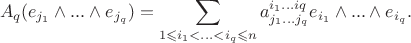 $$A_{q}(e_{j_{1}} \wedge ... \wedge e_{j_{q}}) = \sum\limits_{1 \leqslant i_{1} <...<i_{q} \leqslant n}^{} a^{i_{1}...i{q}}_{j_{1}...j_{q}} e_{i_{1}} \wedge...\wedge e_{i_{q}}.$$