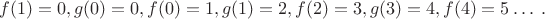 $$f(1)=0, g(0)=0, f(0)=1, g(1)=2, f(2)=3, g(3)=4, f(4)=5 \ldots \;.$$
