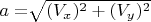 $a = \sqrt[]{(V_x)^2 + (V_y)^2 } $
