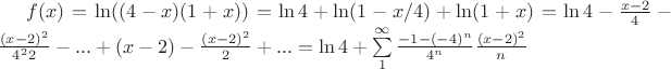 $f(x)=\ln((4-x)(1+x))=\ln4+\ln(1-x/4)+\ln(1+x)=\ln4-\frac{x-2}{4}-\frac{(x-2)^2}{4^22}-...+(x-2)-\frac{(x-2)^2}{2}+...=\ln4+\sum\limits_{1}^\infty\frac{-1-(-4)^n}{4^n}\frac{(x-2)^2}{n}$