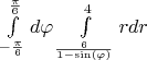 $\int\limits_{- \frac{\pi}{6}}^{\frac{\pi}{6}} d \varphi  \int\limits_{\frac{6}{1-\sin(\varphi)}}^{4} r dr$