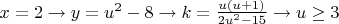 $x=2\to y=u^2-8\to k=\frac{u(u+1)}{2u^2-15}\to u\ge 3$