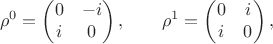 $$
\rho^0 =
\begin{pmatrix}
0 & -i\\
i & 0
\end{pmatrix},
\qquad
\rho^1 =
\begin{pmatrix}
0 & i\\
i & 0
\end{pmatrix},
$$