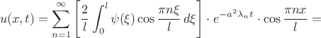 $$
u(x,t)=\sum_{n=1}^{\infty}\left[\frac{2}{l}\int_{0}^{l}\psi(\xi)\cos\frac{\pi n\xi}{l}\, d\xi\right]\cdot e^{-a^{2}\lambda_{n}t}\cdot\cos\frac{\pi nx}{l}=$$
