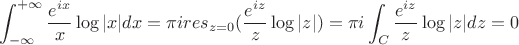 $$
\int_{-\infty}^{+\infty} \frac{e^{ix}}{x} \log |x| dx = 
\pi i res_{z=0} (\frac{e^{iz}}{z} \log |z| ) = 
\pi i \int_{C} \frac{e^{iz}}{z} \log |z| dz = 0
$$