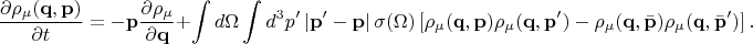$$
\frac {\partial \rho_\mu(\mathbf q, \mathbf p)} {\partial t} = - \mathbf p \frac {\partial \rho_\mu} {\partial \mathbf q}
+ \int d\Omega \int d^3p' \left| \mathbf p' - \mathbf p \right| \sigma(\Omega)
\left[ \rho_\mu(\mathbf q, \mathbf p) \rho_\mu(\mathbf q, \mathbf p') - \rho_\mu(\mathbf q, \bar {\mathbf p}) \rho_\mu(\mathbf q, \bar {\mathbf p}') \right]
.$$