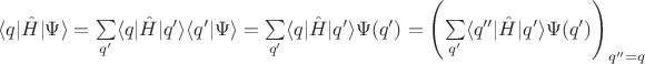 $\langle q | \hat{H} | \Psi\rangle = \sum\limits_{q'} \langle q | \hat{H} | q'\rangle \langle q' | \Psi\rangle = \sum\limits_{q'} \langle q | \hat{H} | q'\rangle \Psi(q') = \left(\sum\limits_{q'} \langle q'' | \hat{H} | q'\rangle \Psi(q')\right)\limits_{q''=q}$