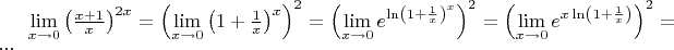 $\lim\limits_{x\rightarrow 0} \left(\frac{x+1}{x}\right)^{2x}=
\left(\lim\limits_{x\rightarrow 0} \left(1+\frac{1}{x}\right)^{x}\right)^2=
\left(\lim\limits_{x\rightarrow 0} e^{\ln\left(1+\frac{1}{x}\right)^{x}\right)}^2=
\left(\lim\limits_{x\rightarrow 0} e^{x\ln\left(1+\frac{1}{x}\right)\right)}^2=...
$