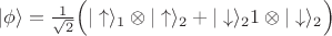$|\phi\rangle=\frac{1}{\sqrt{2}}\Bigl(|\uparrow\rangle_1\otimes|\uparrow\rangle_2+|\downarrow\rangle_21\otimes|\downarrow\rangle_2\Bigr)$