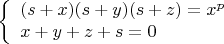 $$ \left\{\begin{array}{ll} (s+x)(s+y)(s+z)=x^p\\ x+y+z+s=0 \end{array} \right. $$