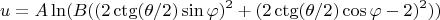 $$u=A \ln(B((2 \ctg(\theta/2)\sin \varphi)^2+(2\ctg(\theta/2)\cos \varphi -2)^2))$$