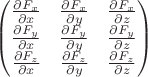 $\begin{pmatrix} \frac{\partial F_x}{\partial x} & \frac{\partial F_x}{\partial y} &\frac{\partial F_x}{\partial z}\\\frac{\partial F_y}{\partial x} & \frac{\partial F_y}{\partial y} &\frac{\partial F_y}{\partial z}\\ \frac{\partial F_z}{\partial x} & \frac{\partial F_z}{\partial y} &\frac{\partial F_z}{\partial z}\end{pmatrix}$