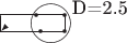 $$
\begin{picture}(32,10)
\put(0,0){\framebox(32,8){}}
\put(6,6){\vector(-1,-1){6}}
\put(20,0){\circle*{2}}
\put(32,0){\circle*{2}}
\put(18,8){\circle*{2}}
\put(32,8){\circle*{2}}
\put(25,4){\circle{20}}
\put(36,9){D=2.5}
\end{picture}
$$