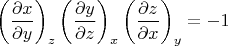 $$\left(\frac{\partial x} {\partial y}\right)_z \left(\frac{\partial y} {\partial z}\right)_x\left(\frac{\partial z} {\partial x}\right)_y = -1$$