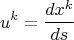 $$ u^k=\frac{dx^k}{ds} $$