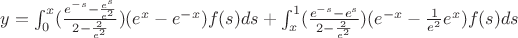 $y=\int_{0}^{x}(\frac{e^{-s}-\frac{e^s}{e^2}}{2-\frac{2}{e^2}}) (e^x-e^{-x}) f(s) ds+\int_{x}^{1} (\frac{e^{-s}-e^s}{2-\frac{2}{e^2}}) (e^{-x}-\frac{1}{e^2}e^x) f(s) ds$
