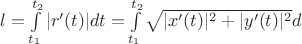 $l=\int\limits_{t_1}^{t_2} |r'(t)|dt=\int\limits_{t_1}^{t_2} \sqrt{|x'(t)|^2+|y'(t)|^2}d$