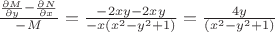 $\frac{\frac{\partial M}{\partial y}-\frac {\partial N}{\partial x}}{-M}=\frac{-2xy-2xy}{-x(x^2-y^2+1)}=\frac{4y}{(x^2-y^2+1)}$