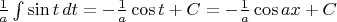 $\[\frac{1}
{a}\int {\sin t}\, dt =  - \frac{1}
{a}\cos t + C =  - \frac{1}
{a}\cos ax + C\]
$