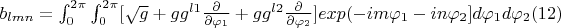 $b_{lmn}=\int_{0}^{2\pi}\int_{0}^{2\pi}[\sqrt{g}+gg^{l1}\frac{\partial }{\partial \varphi_1}+ gg^{l2}\frac{\partial }{\partial \varphi_2}]exp(-im\varphi_1-in\varphi_2]d\varphi_1d\varphi_2\eqno(12) $