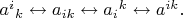 $a^i{}_k\leftrightarrow a_{ik}\leftrightarrow a_i{}^k\leftrightarrow a^{ik}.$