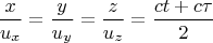 $$\frac{x}{u_x}=\frac{y}{u_y}=\frac{z}{u_z}=\frac{ct+c\tau}2$$