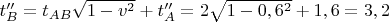 $t_{B}'' = t_{AB}\sqrt{1 - v^2} + t_{A}'' = 2\sqrt{1 - 0,6^2} + 1,6 = 3,2$