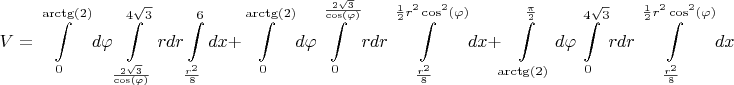 $$V = \int\limits_{0}^{\arctg(2)} d \varphi \int\limits_{\frac{2 \sqrt{3}}{\cos(\varphi)}}^{4 \sqrt{3}} r dr \int\limits_{\frac{r^2}{8}}^{6} dx +  \int\limits_{0}^{\arctg(2)} d \varphi \int\limits_{0}^{\frac{2 \sqrt{3}}{\cos(\varphi)}} r dr \int\limits_{\frac{r^2}{8}}^{\frac{1}{2} r^2 \cos^2( \varphi)} dx +  \int\limits_{\arctg(2)}^{\frac{\pi}{2}} d \varphi \int\limits_{0}^{4 \sqrt{3}} r dr \int\limits_{\frac{r^2}{8}}^{\frac{1}{2} r^2 \cos^2( \varphi)} dx$$