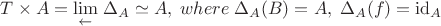 $ T \times A = \underset{\leftarrow}{\lim}\;{\Delta_A} \simeq A, \; where \; \Delta_A(B)=A,\;\Delta_A(f)=\mathrm{id}_A$ $ T \times A = \underset{\leftarrow}{\lim}\;{\Delta_A} \simeq A, \; where \; \Delta_A(B)=A,\;\Delta_A(f)=\mathrm{id}_A$