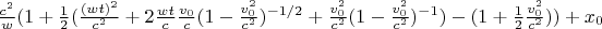 $\frac{c^2}{w}( 1 + \frac{1}{2}(\frac{(wt)^2}{c^2} + 2 \frac{wt}{c}\frac{v_0}{c}(1-\frac{v_0^2}{c^2})^{-1/2} + \frac{v_0^2}{c^2}(1-\frac{v_0^2}{c^2})^{-1})  - (1+\frac{1}{2}\frac{v_0^2}{c^2})) + x_0$