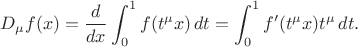 $$
D_\mu f(x)=\frac d{dx}\int_0^1f(t^\mu x)\,dt=\int_0^1 f'(t^\mu x)t^\mu\,dt.
$$