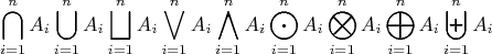$$\bigcap\limits_{i=1}^n A_i \bigcup\limits_{i=1}^n A_i \bigsqcup\limits_{i=1}^n A_i \bigvee\limits_{i=1}^n A_i \bigwedge\limits_{i=1}^n A_i \bigodot\limits_{i=1}^n A_i \bigotimes\limits_{i=1}^n A_i \bigoplus\limits_{i=1}^n A_i \biguplus\limits_{i=1}^n A_i $$