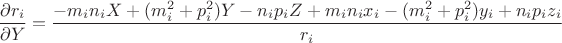 $$\dfrac{\partial r_i}{\partial Y}=\dfrac{-m_in_iX+(m_i^2+p_i^2)Y-n_ip_iZ+m_in_ix_i-(m_i^2+p_i^2)y_i+n_ip_iz_i}{r_i}$$