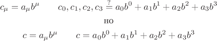 $$\begin{gathered}c_\mu=a_\mu b^\mu\qquad c_0,c_1,c_2,c_3\stackrel{?}{=}a_0 b^0+a_1 b^1+a_2 b^2+a_3 b^3\\\text{но}\\c=a_\mu b^\mu\qquad c=a_0 b^0+a_1 b^1+a_2 b^2+a_3 b^3\end{gathered}$$