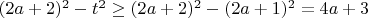 $(2a+2)^2-t^2\geq (2a+2)^2-(2a+1)^2=4a+3$