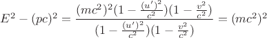 $E^2-(pc)^2 = \dfrac{(mc^2)^2 (1 - \frac{(u')^2}{c^2})(1 - \frac{v^2}{c^2})}{(1 - \frac{(u')^2}{c^2})(1 - \frac{v^2}{c^2})}=(mc^2)^2$