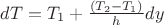 $dT=T_1+\frac{(T_2-T_1)}{h}dy$