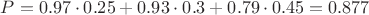 $\[
P = 0.97 \cdot 0.25 + 0.93 \cdot 0.3 + 0.79 \cdot 0.45 = 0.877
\]
$