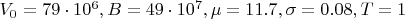 $V_0 = 79\cdot10^6, B = 49\cdot 10^7, \mu=11.7, \sigma = 0.08, T=1$