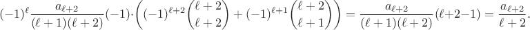 $$
(-1)^\ell \frac{a_{\ell+2}}{(\ell+1)(\ell+2)} (-1)\cdot \left( (-1)^{\ell+2} \binom{\ell+2}{\ell+2} + (-1)^{\ell+1} \binom{\ell+2}{\ell+1}\right) = \frac{a_{\ell+2}}{(\ell+1)(\ell+2)} (\ell+2-1) = \frac{a_{\ell+2}}{\ell+2}.
$$