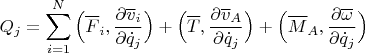 $$Q_j=\sum_{i=1}^N\Big (\overline F_i,\frac{\partial \overline v_i}{\partial \dot q_j}\Big)+\Big(\overline T,\frac{\partial \overline v_A}{\partial \dot q_j}\Big)+\Big(\overline M_A,\frac{\partial \overline \omega}{\partial \dot q_j}\Big)$$