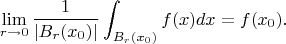 $$\lim_{r\to 0}\frac{1}{|B_r(x_0)|}\int_{B_r(x_0)}f(x)dx=f(x_0).$$