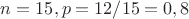 $n=15, p=12/15=0,8$